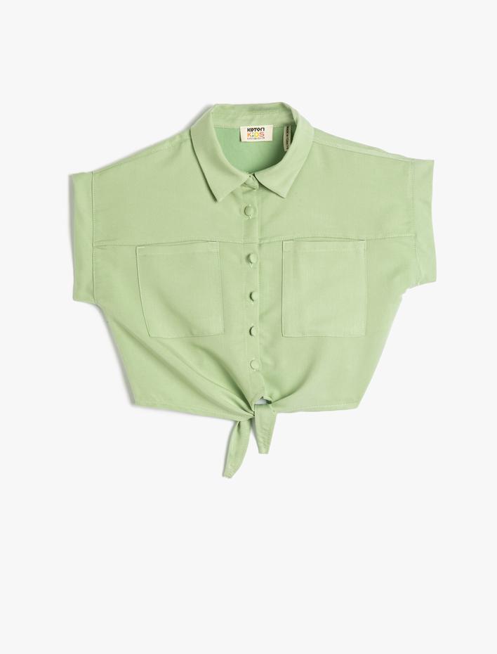 Kız Çocuk Crop Gömlek Önden Bağlama Detaylı Kısa Kollu Cepli Modal Kumaş