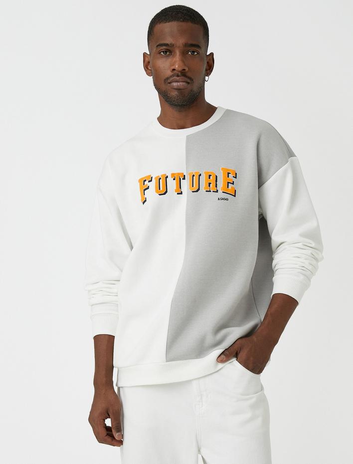 Slogan Baskılı Sweatshirt Şardonlu Bisiklet Yaka