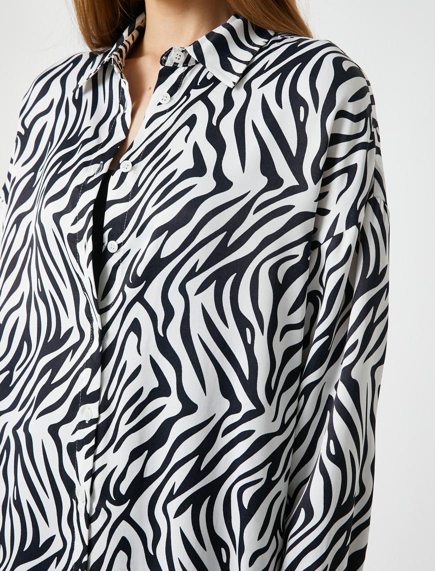   Zebra Desenli Gömlek Uzun Kollu Viskon Düğmeli Klasik Yaka