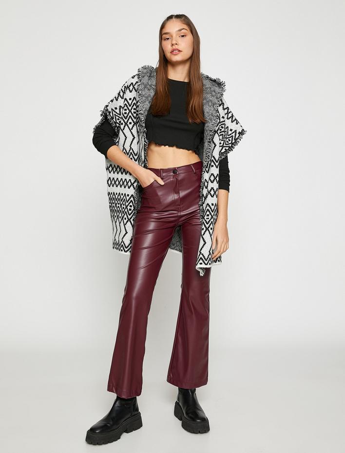  Örgü Panço Etnik Desenli Kapüşon Detaylı