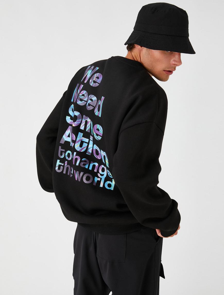   Slogan Baskılı Oversize Sweatshirt Şardonlu Bisiklet Yaka