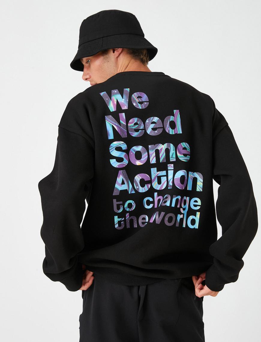   Slogan Baskılı Oversize Sweatshirt Şardonlu Bisiklet Yaka