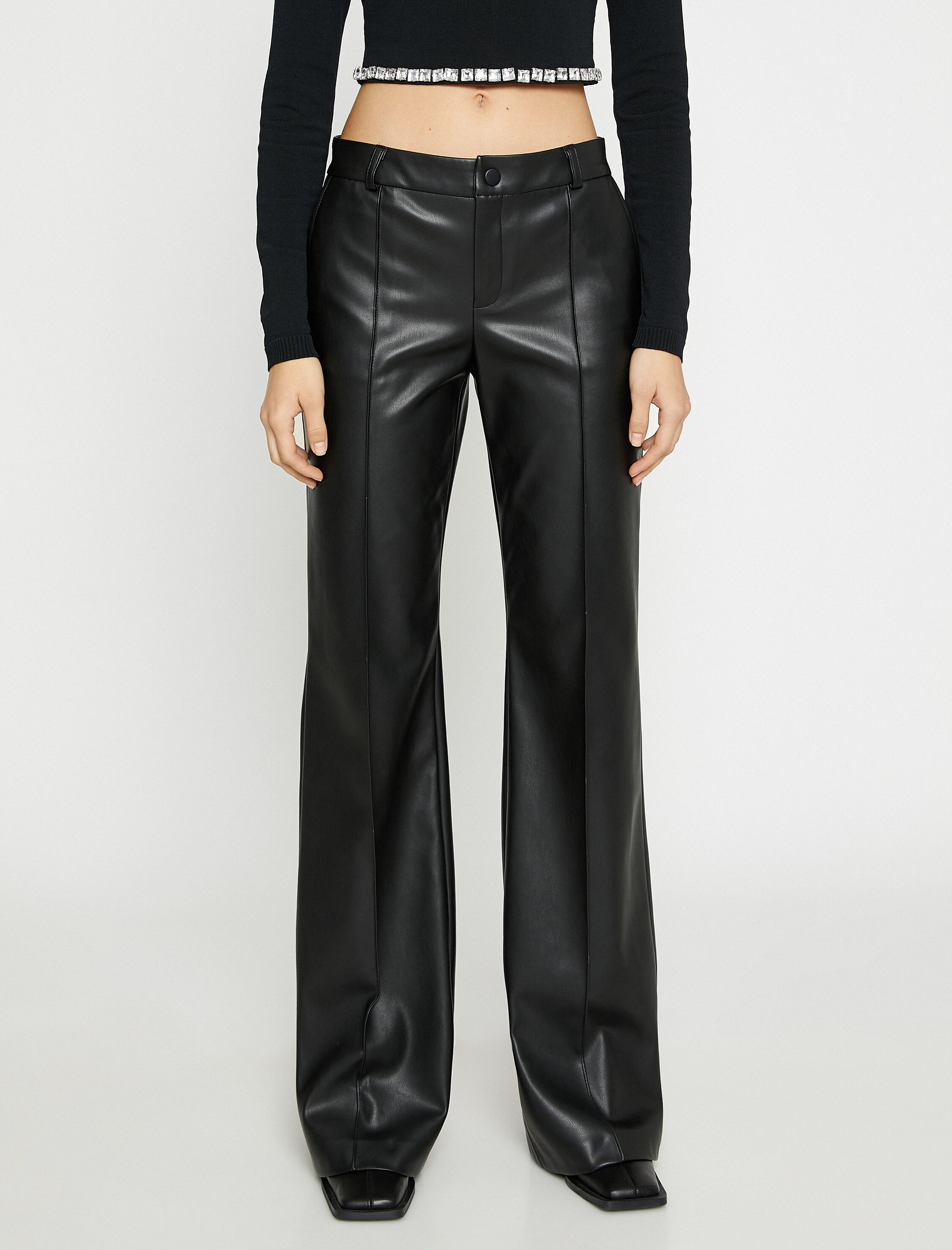   Nervürlü Suni Deri Palazzo Pantolon