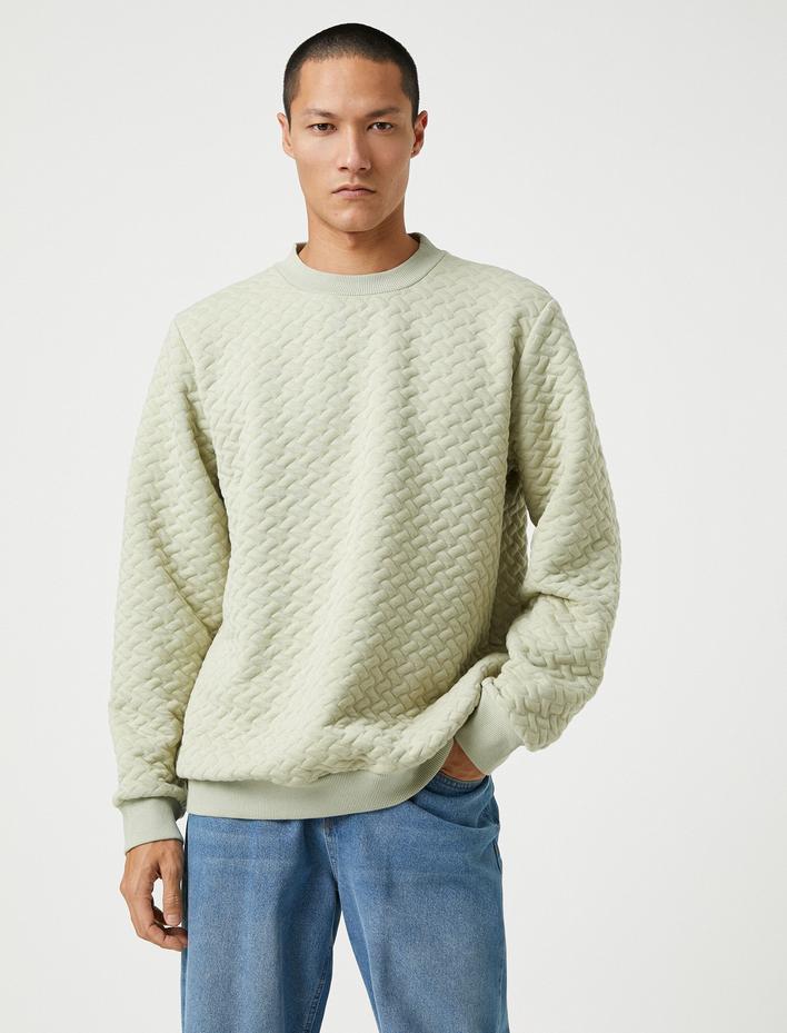  Basic Dokulu Sweatshirt Bisiklet Yaka Uzun Kollu