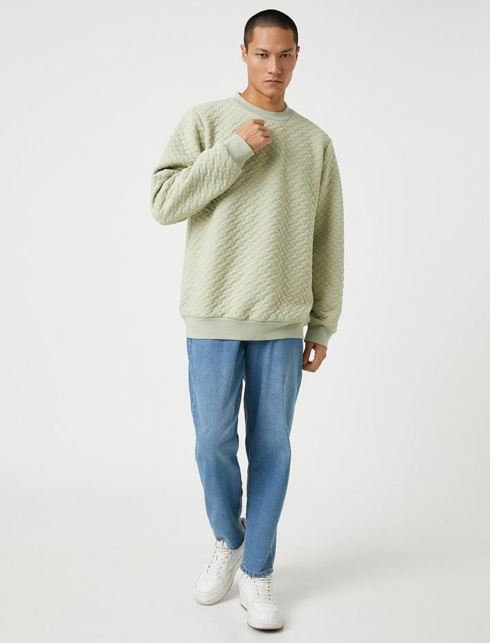  Basic Dokulu Sweatshirt Bisiklet Yaka Uzun Kollu