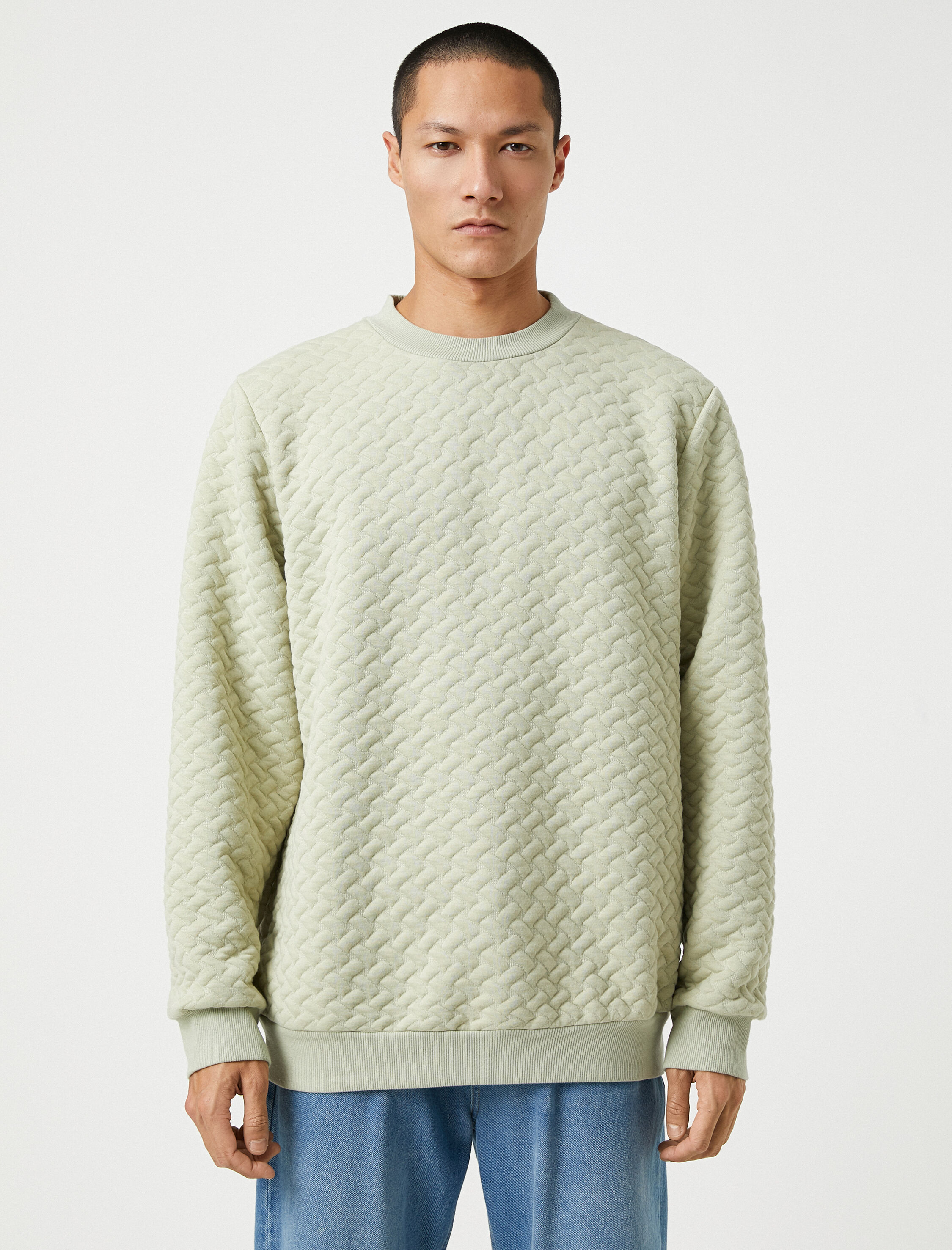   Basic Dokulu Sweatshirt Bisiklet Yaka Uzun Kollu