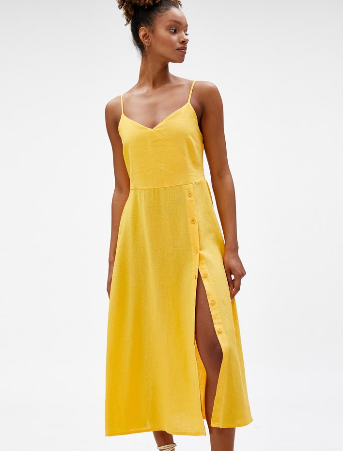  Midi Elbise İnce Askılı Yırtmaçlı Önü Düğmeli Keten Karışımlı