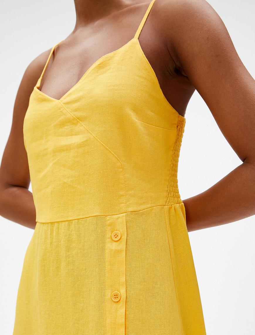   Midi Elbise İnce Askılı Yırtmaçlı Önü Düğmeli Keten Karışımlı