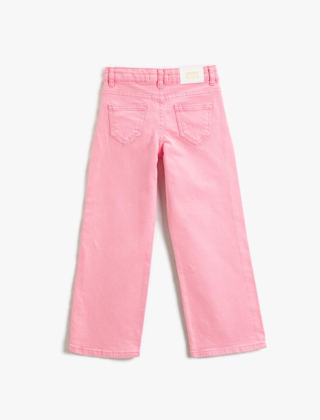  Kız Çocuk Düz Paça Cepli Rahat Kesim Kot Pantolon -  Straight Jean Beli Ayarlanabilir Lastikli