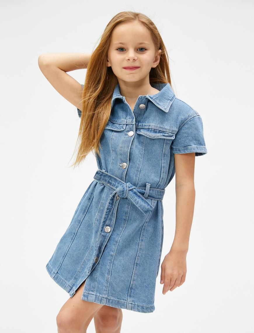  Kız Çocuk Kot Elbise Kuşaklı Kısa Kollu Gömlek Yaka Cepli Pamuklu