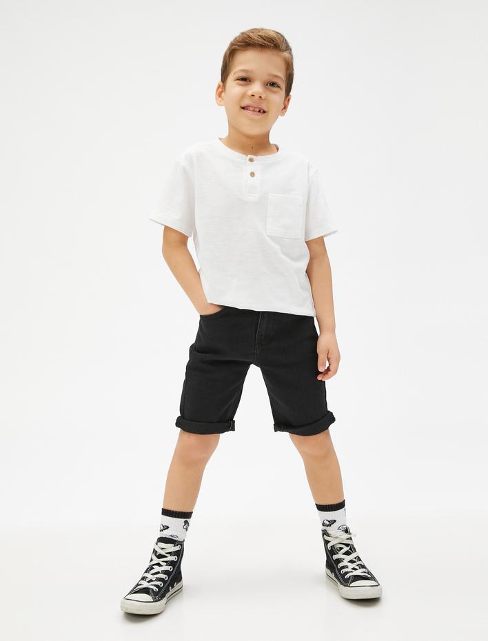 Erkek Çocuk Basic Tişört Yuvarlak Yaka Kısa Kollu Düğmeli Pamuklu