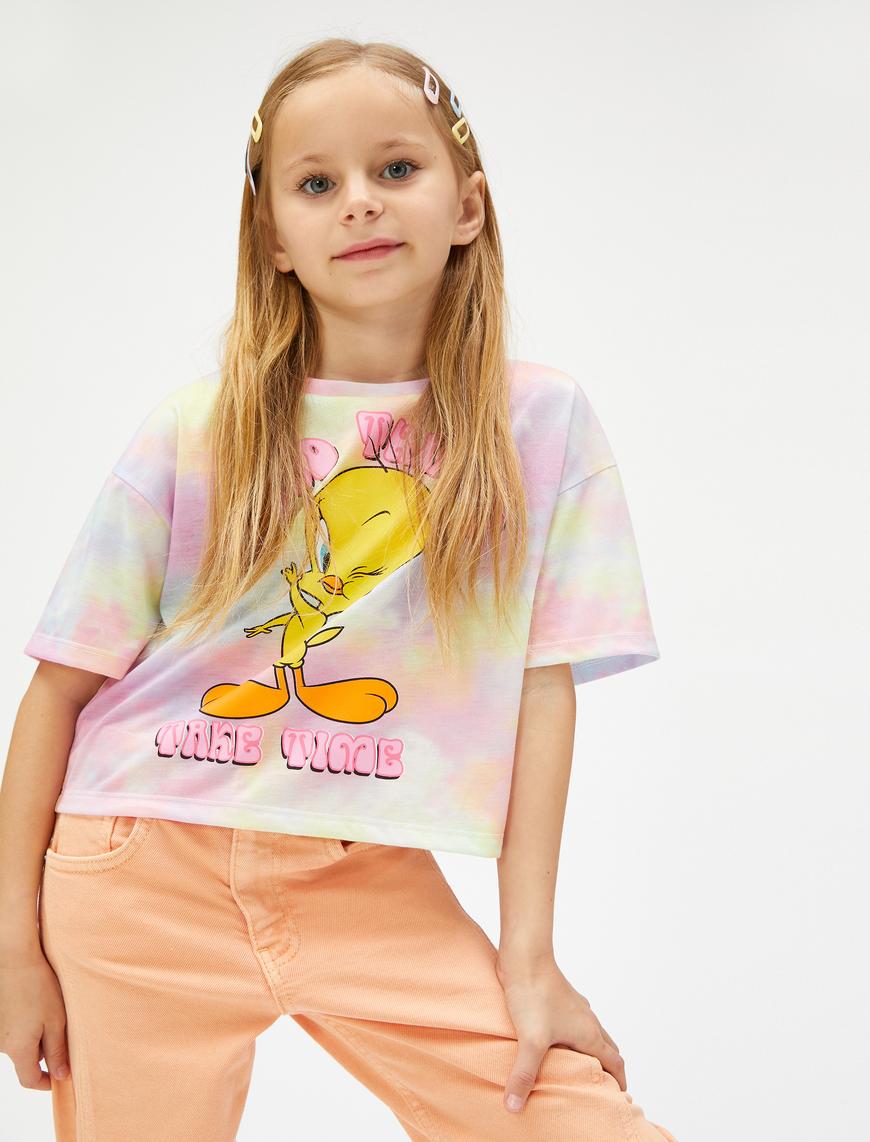  Kız Çocuk Tweety Tişört Lisanslı Oversize Kısa Kollu Bisiklet Yaka Batik Desenli