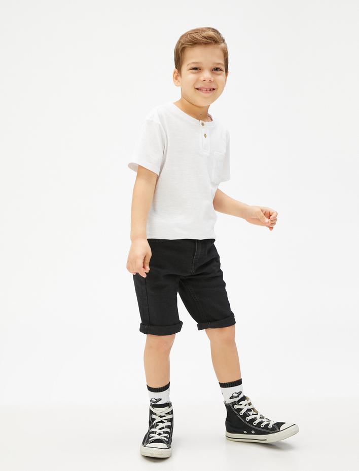 Erkek Çocuk Kot Şort Cepli Pamuklu - Straight Jean Beli Ayarlanabilir Lastikli