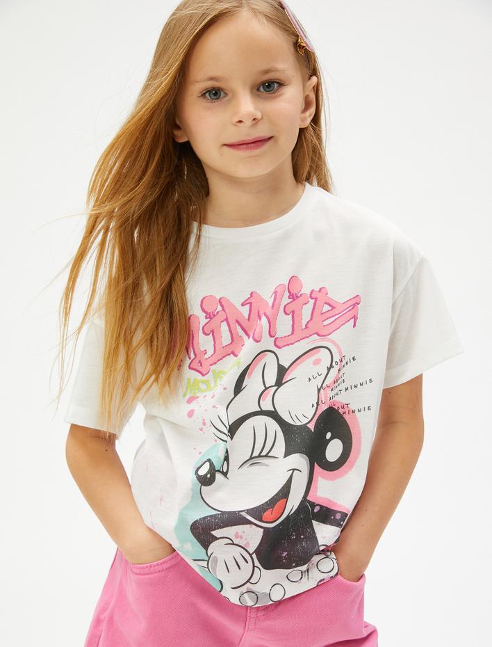 Kız Çocuk Minnie Mouse Tişört Lisanslı Kısa Kollu Bisiklet Yaka