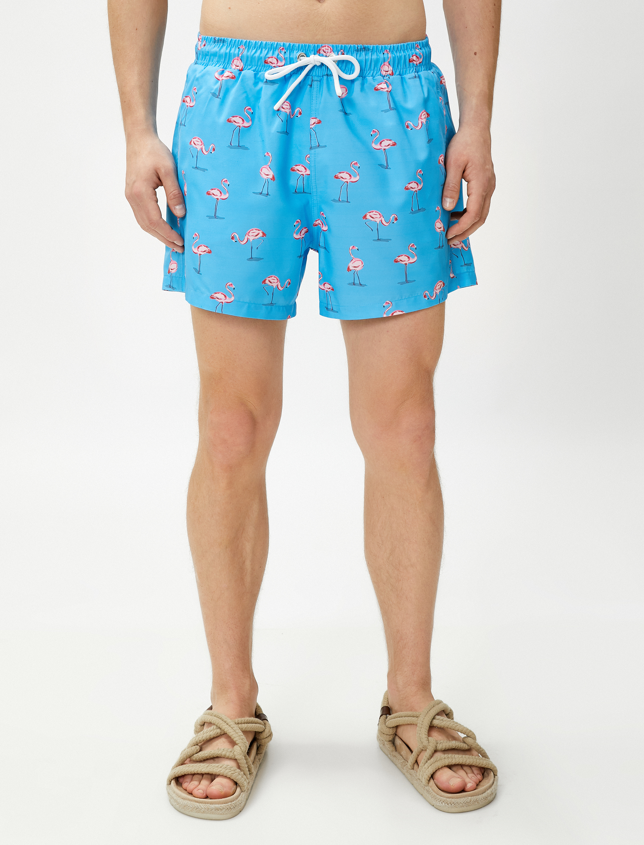   Deniz Şortu Flamingo Baskılı Beli Bağcıklı Cep Detaylı