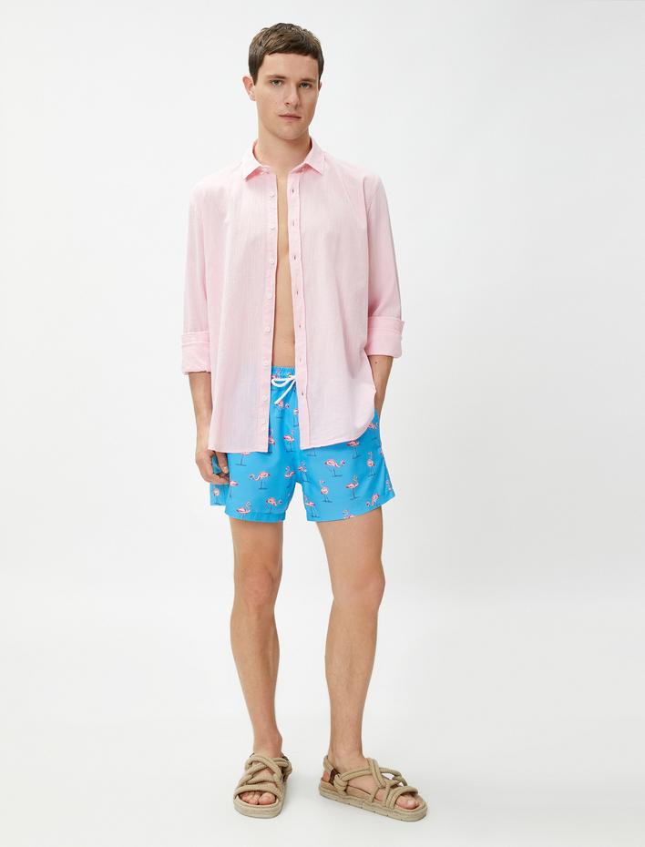  Deniz Şortu Flamingo Baskılı Beli Bağcıklı Cep Detaylı