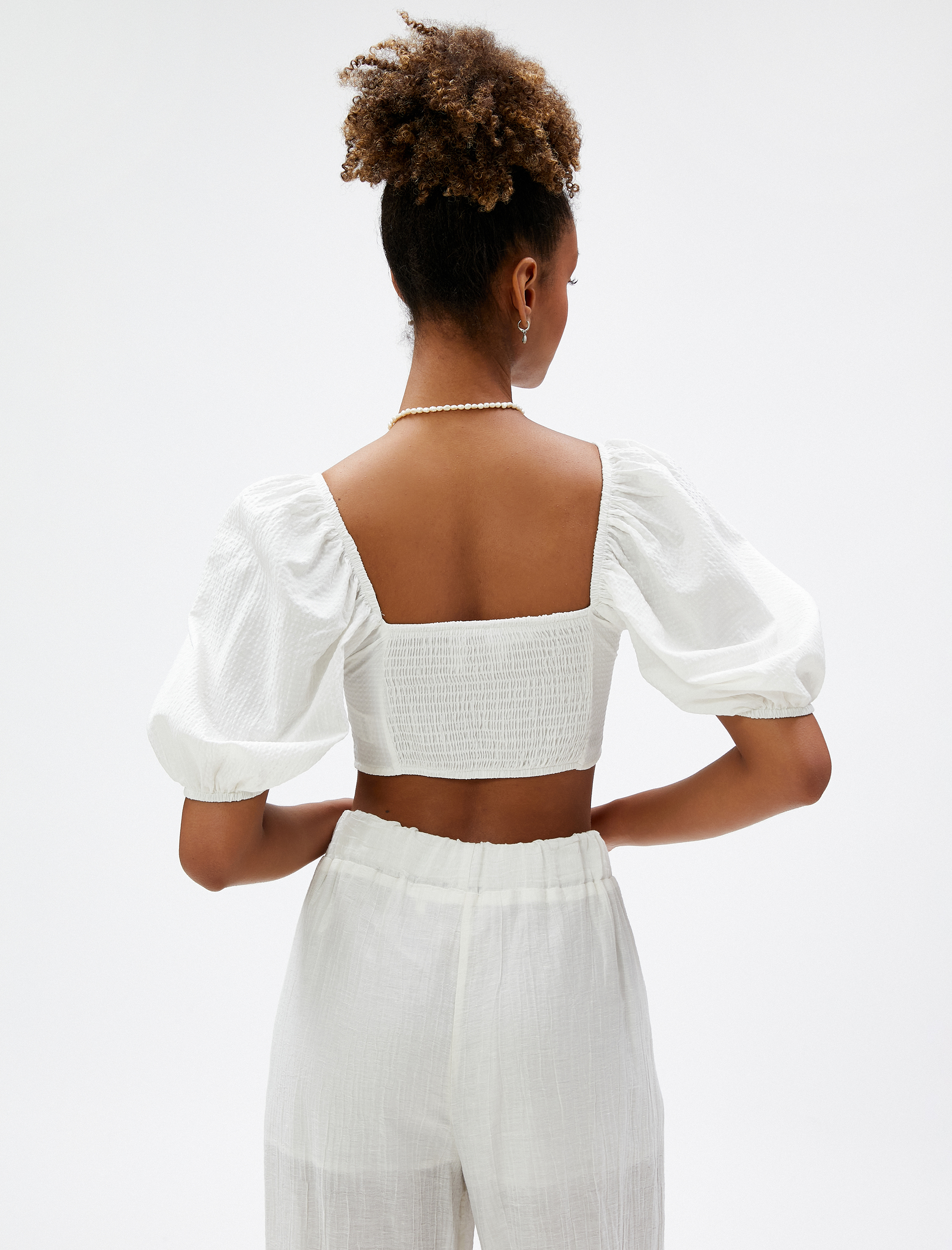 Crop Bluz Balon Kollu Kalp Yaka Kopçalı Korse Detaylı