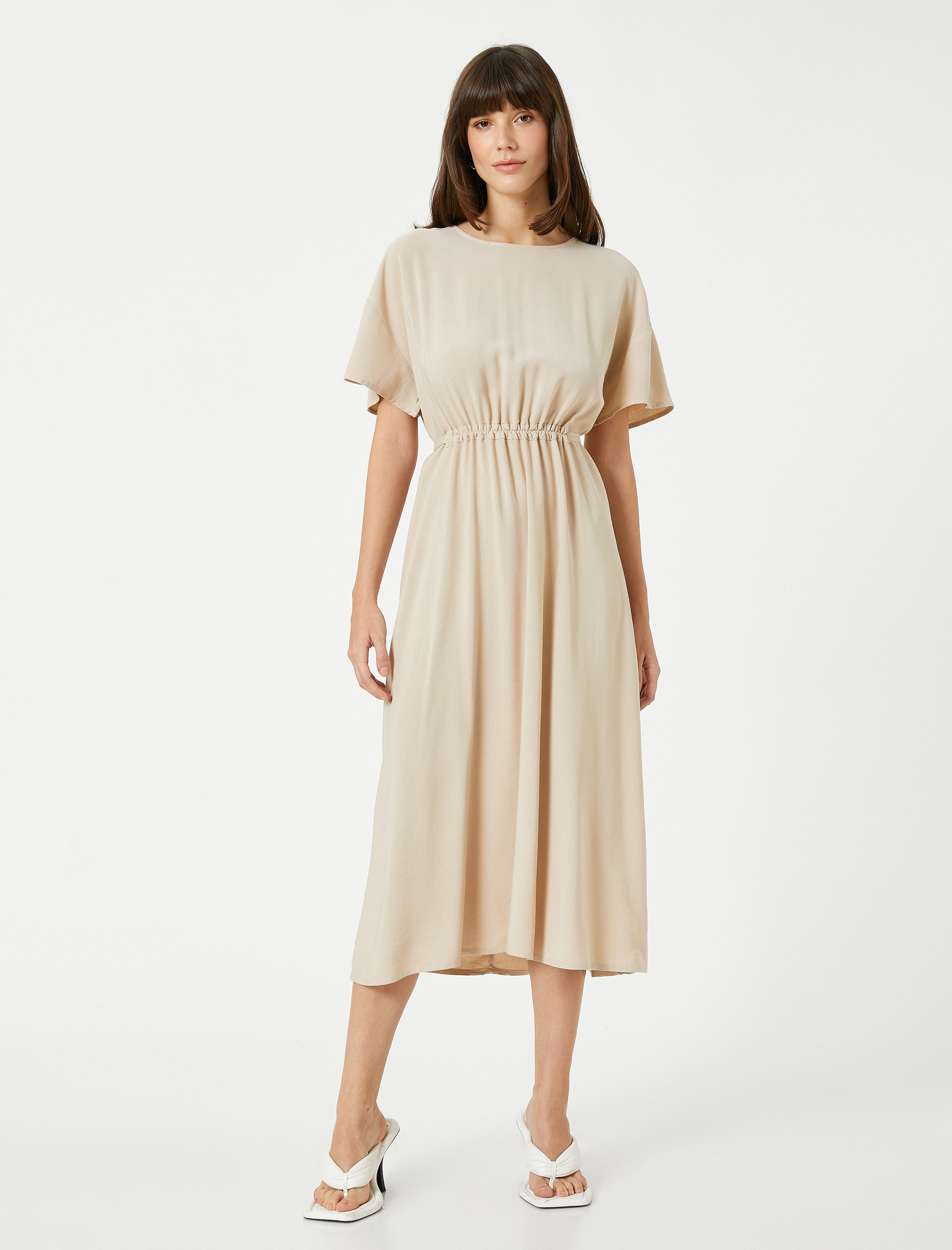 Midi Boy Elbise Kısa Kollu Beli Büzgülü Keten Karışımlı