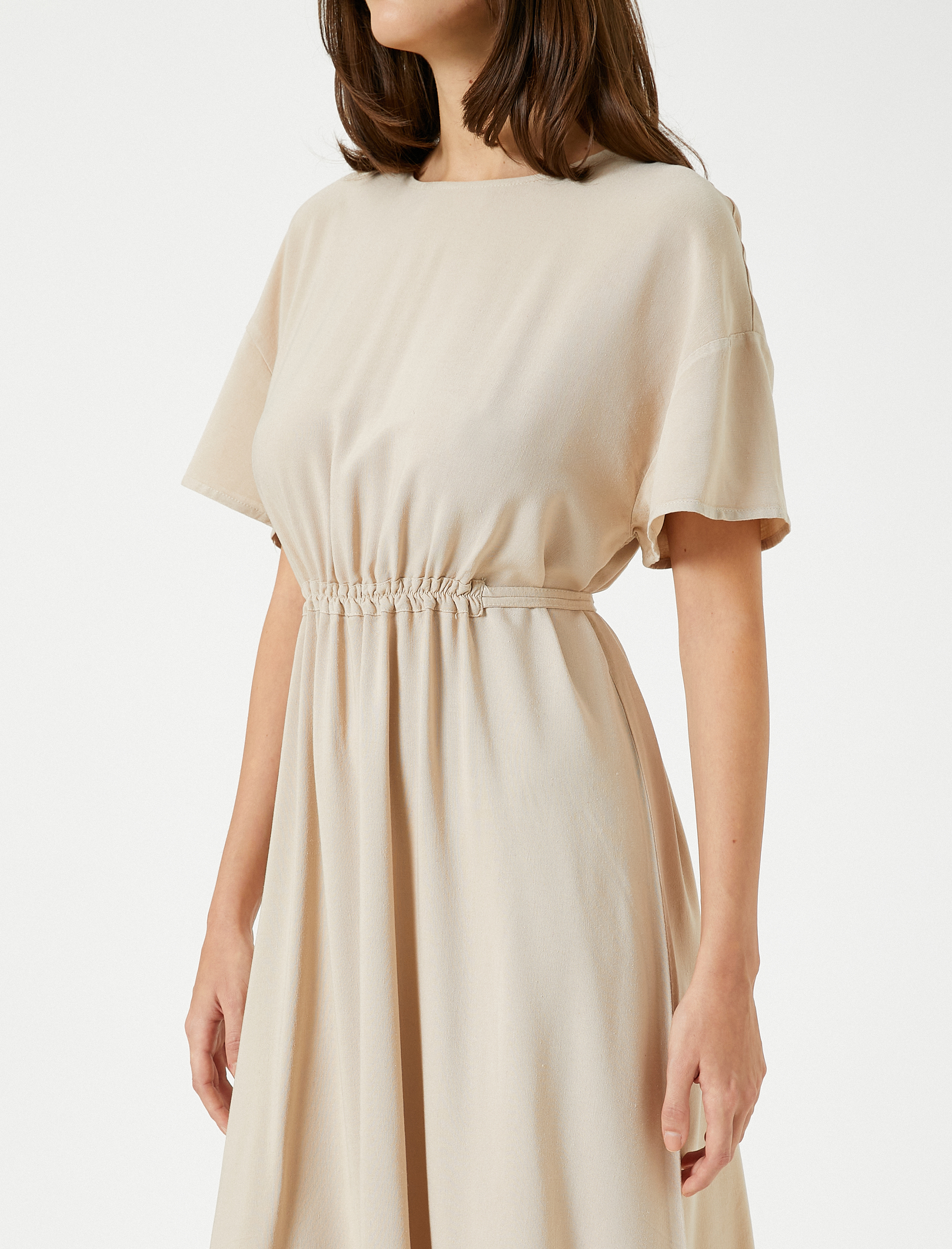 Midi Boy Elbise Kısa Kollu Beli Büzgülü Keten Karışımlı