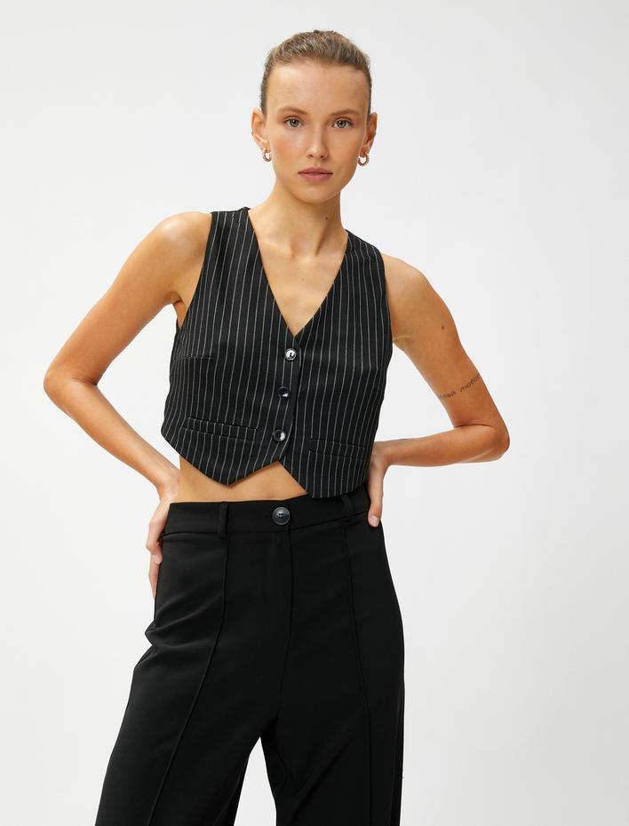  Crop Blazer Yelek Düğmeli