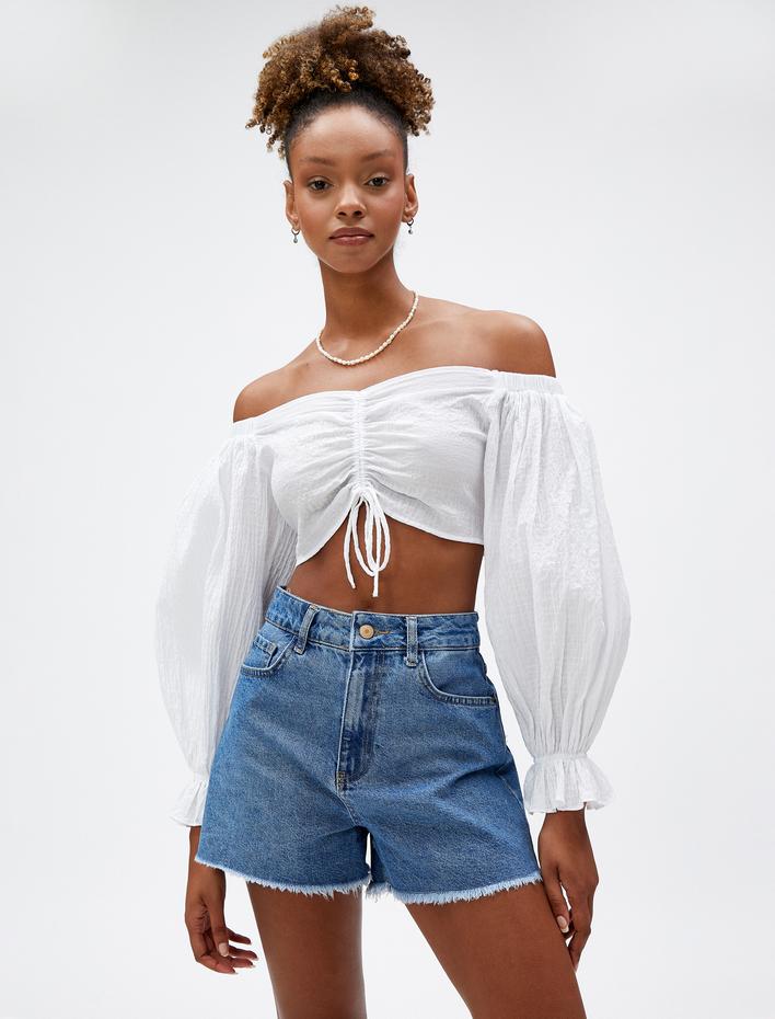  Kot Şort Yüksek Bel Yırtık Detaylı Cepli Pamuklu