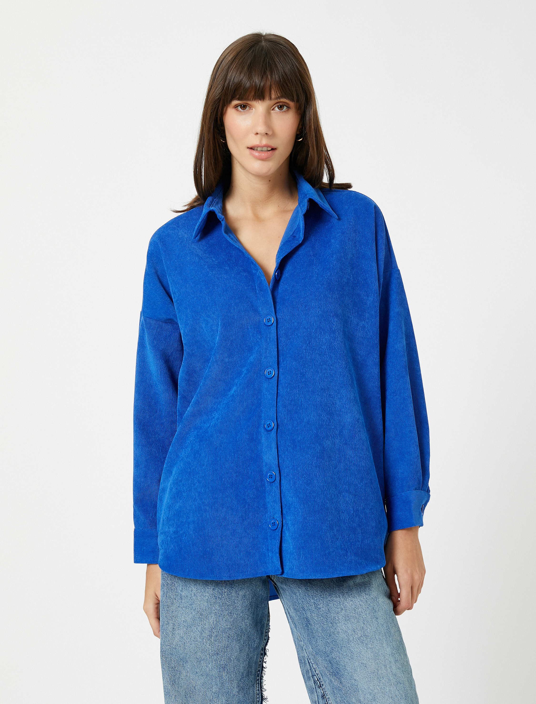   Fitilli Kadife Gömlek Düğmeli Uzun Kollu