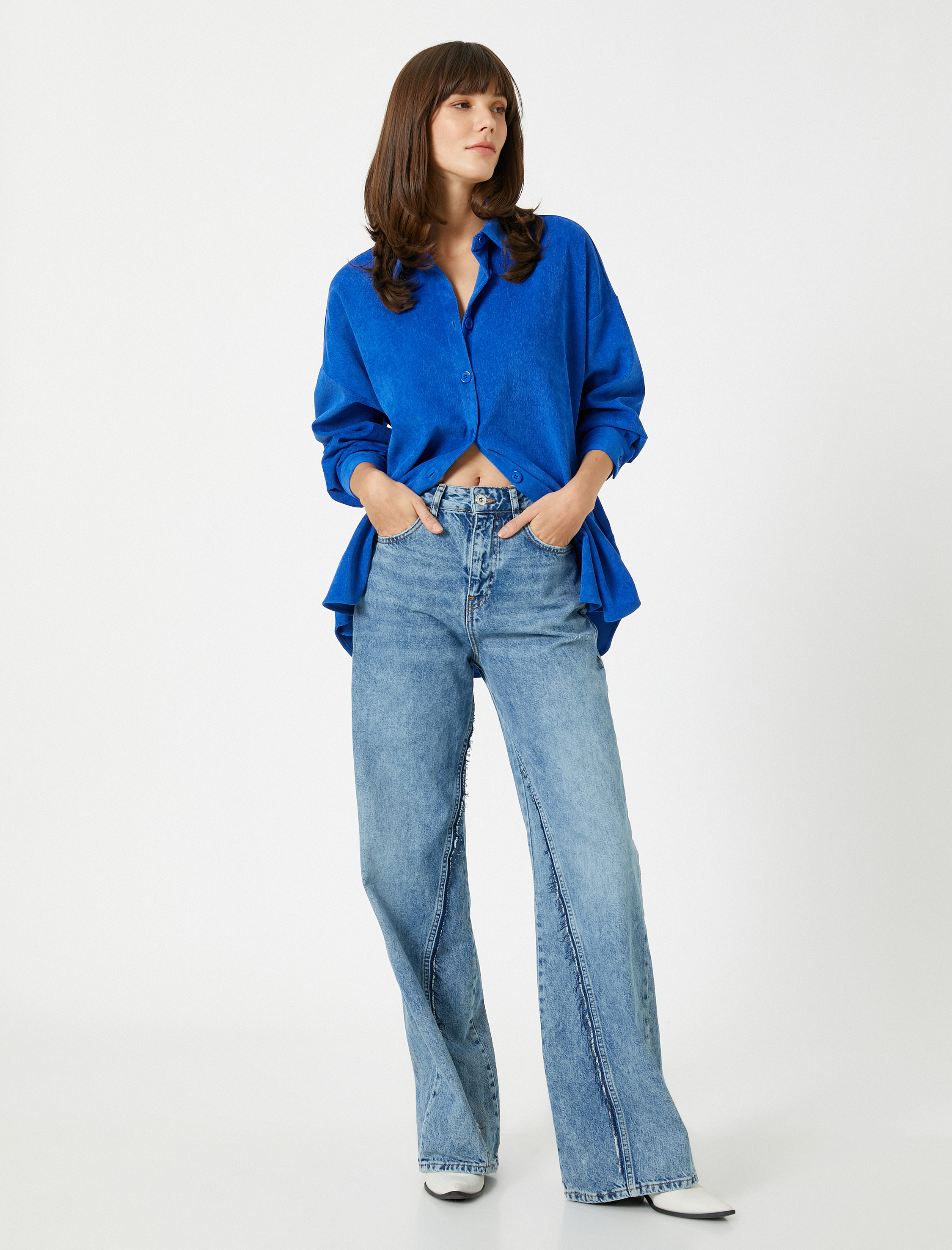   Fitilli Kadife Gömlek Düğmeli Uzun Kollu