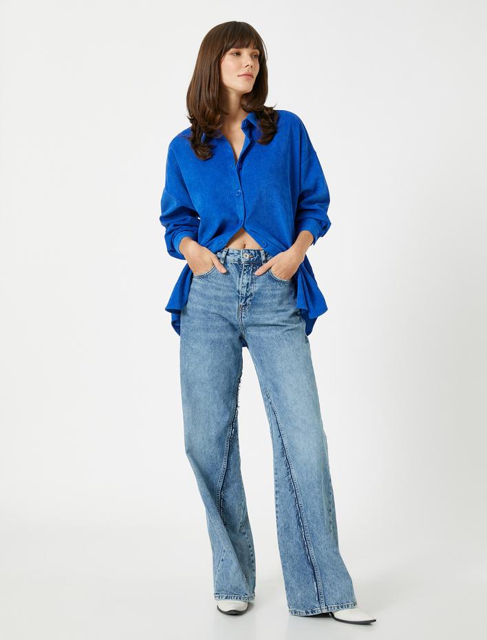  Fitilli Kadife Gömlek Düğmeli Uzun Kollu