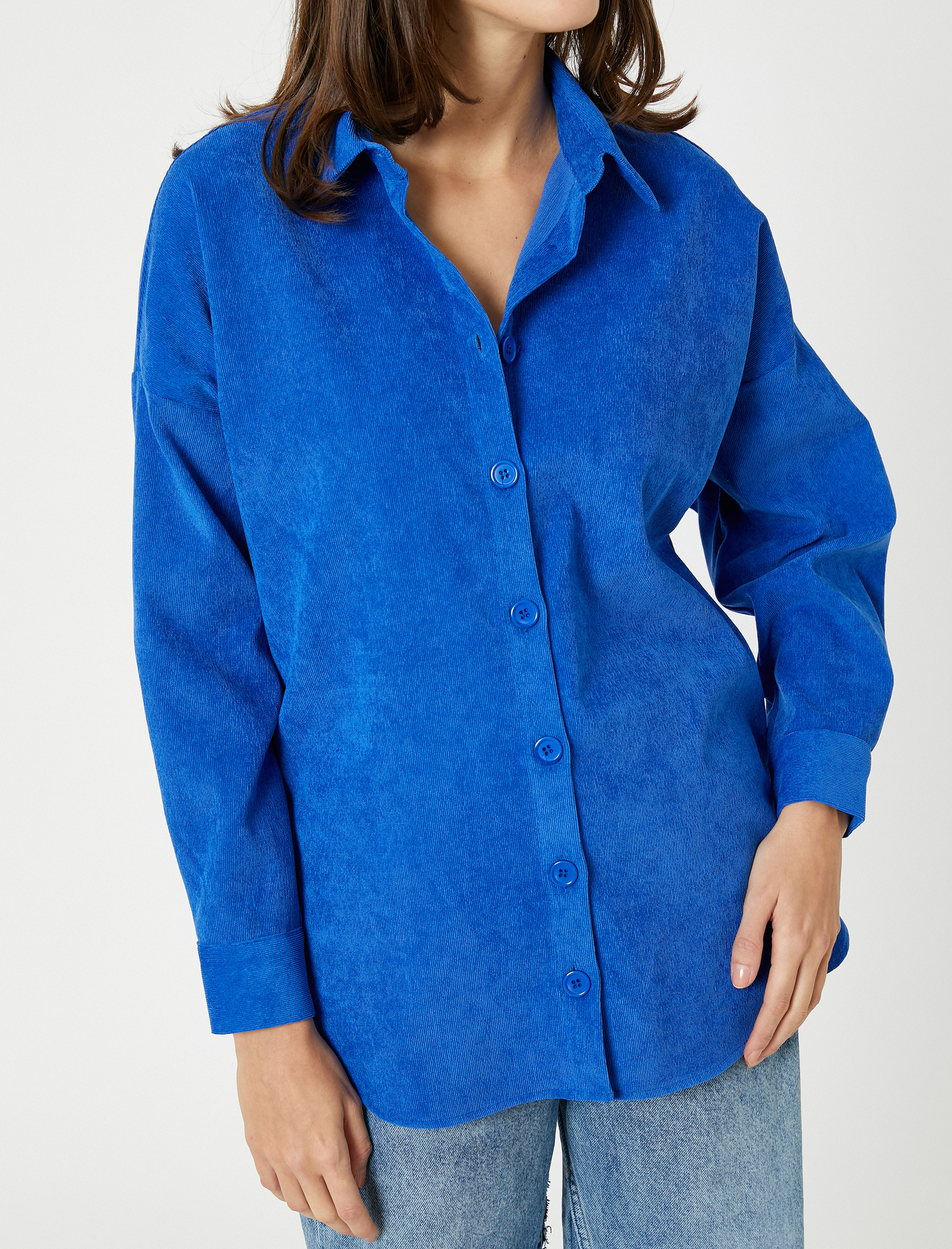   Fitilli Kadife Gömlek Düğmeli Uzun Kollu