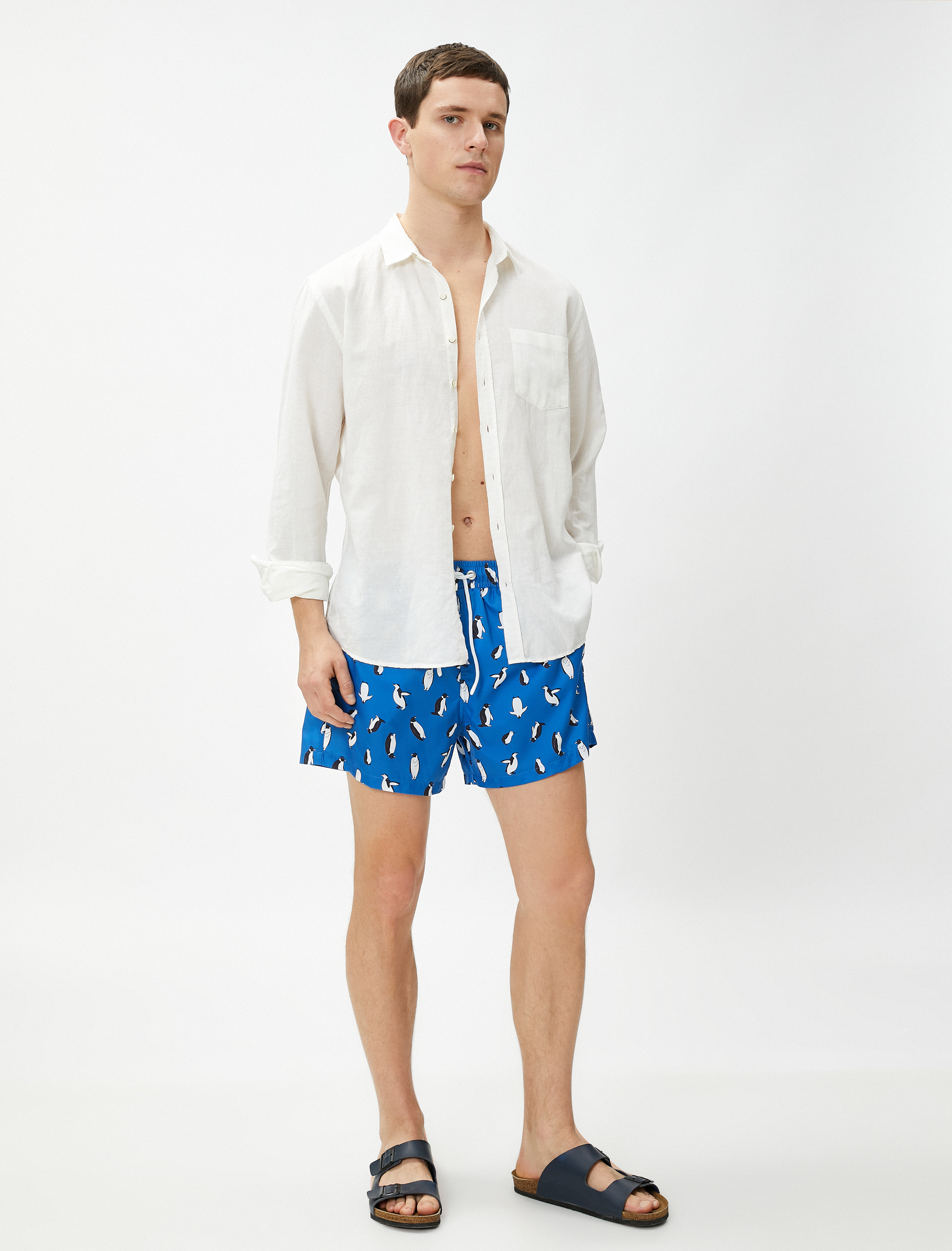   Deniz Şortu Penguen Baskılı Beli Bağcıklı Cepli