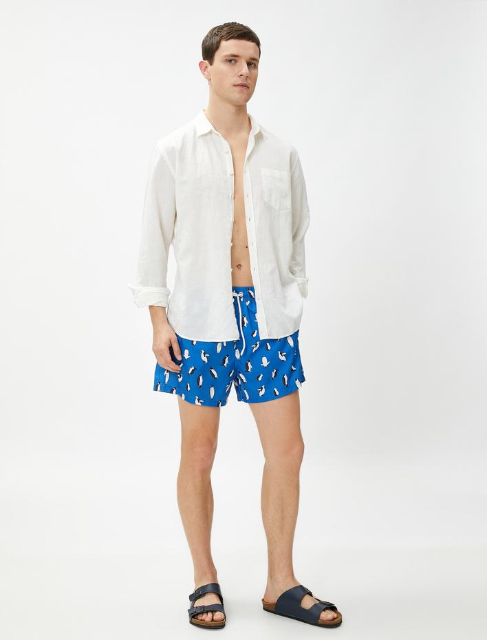  Deniz Şortu Penguen Baskılı Beli Bağcıklı Cepli