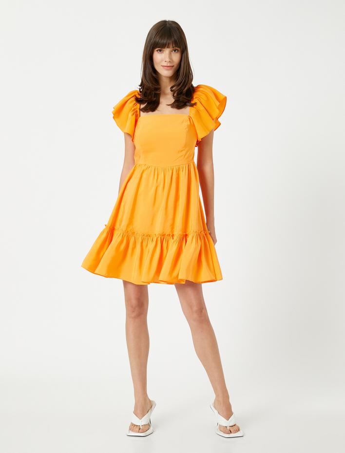  Katlı Mini Elbise Kolları Fırfırlı Modal Karışımlı