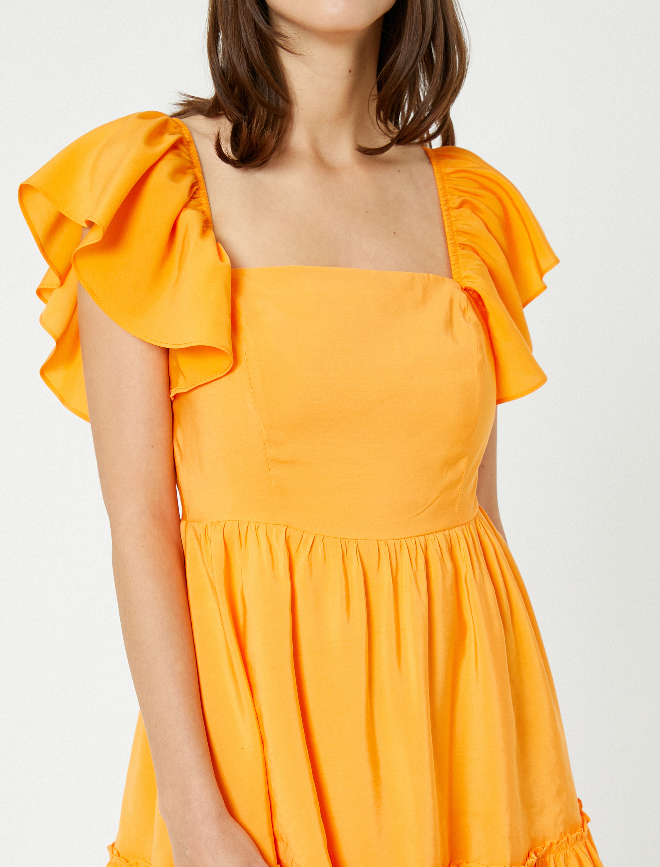   Katlı Mini Elbise Kolları Fırfırlı Modal Karışımlı