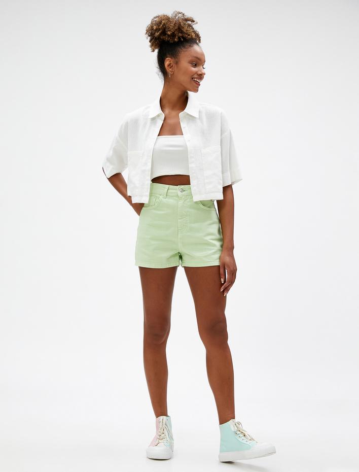  Crop Gömlek Cep Detaylı Keten Viskon Karışımlı