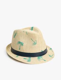Hasır Şapka Bant Detaylı Palmiye Desenli