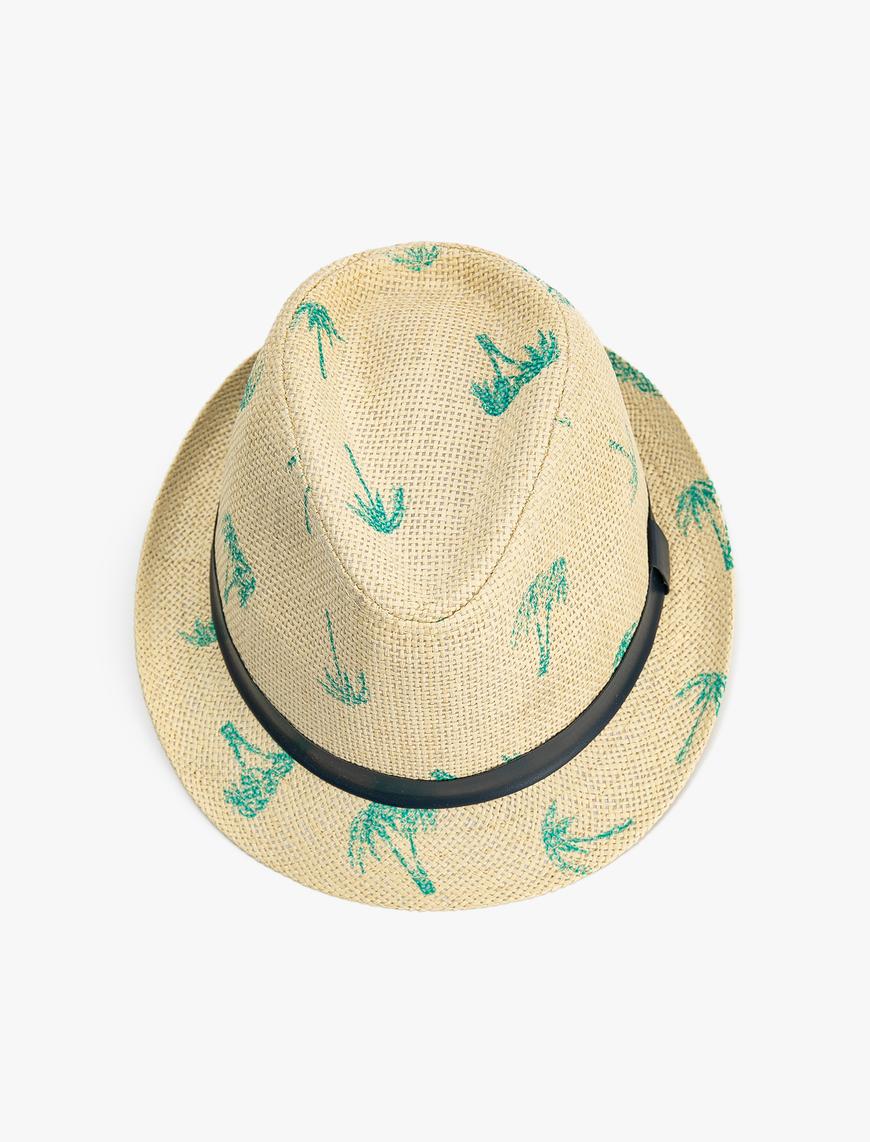  Erkek Çocuk Hasır Şapka Bant Detaylı Palmiye Desenli