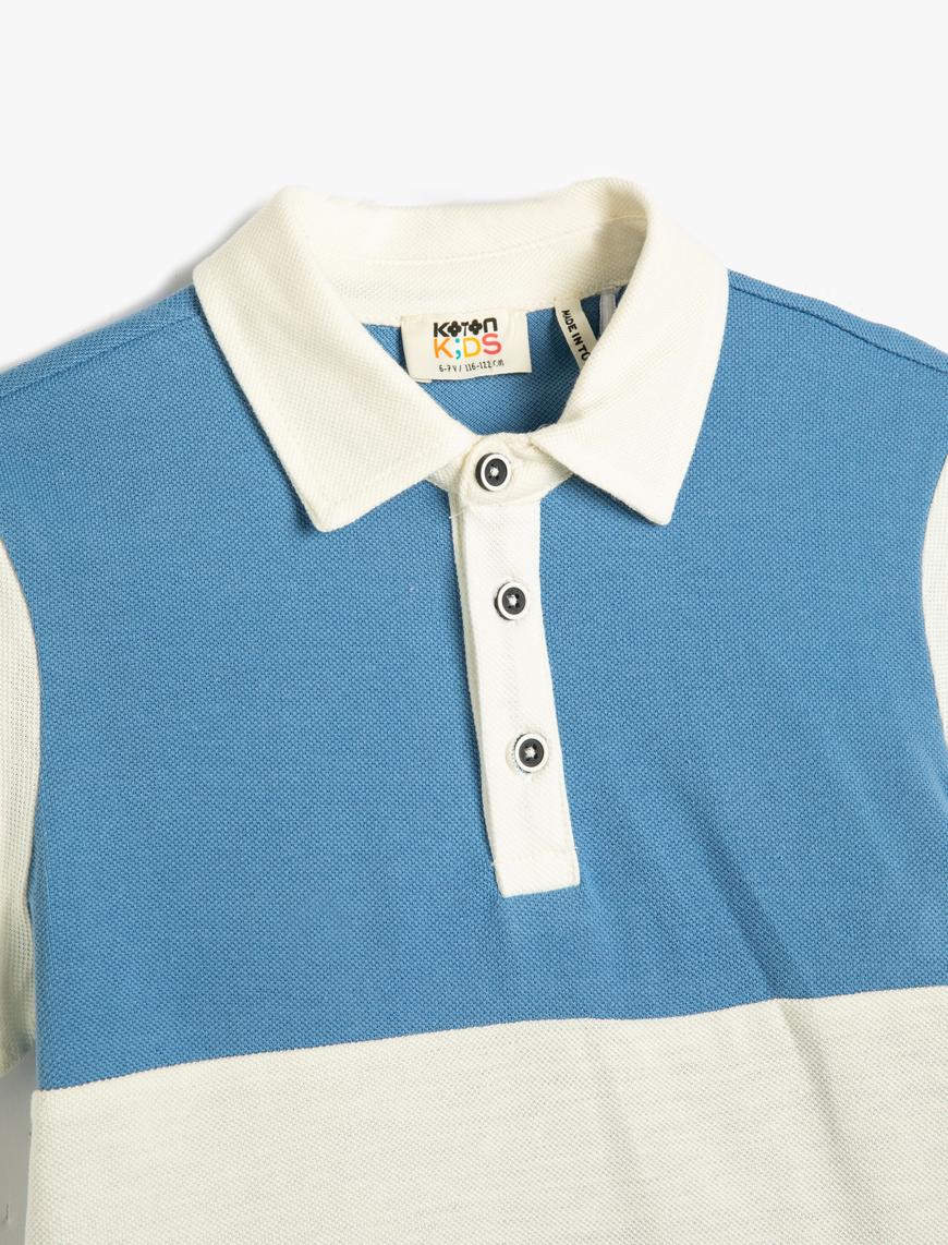  Erkek Çocuk Polo Tişört Kısa Kollu Renk Bloklu Düğmeli Pamuklu