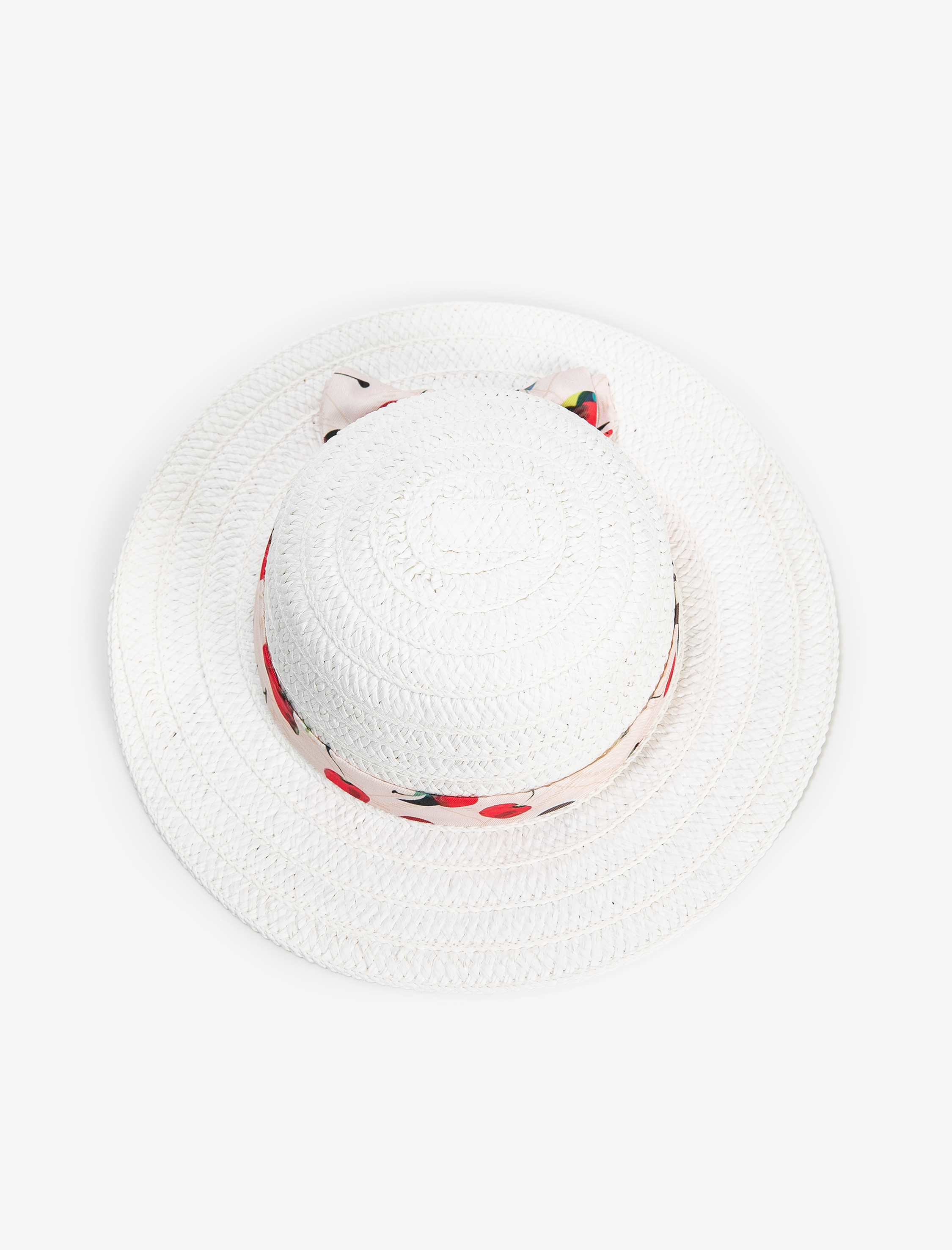  Kız Çocuk Hasır Şapka Kiraz Baskılı Bant Detaylı