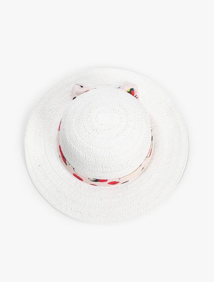 Kız Çocuk Hasır Şapka Kiraz Baskılı Bant Detaylı