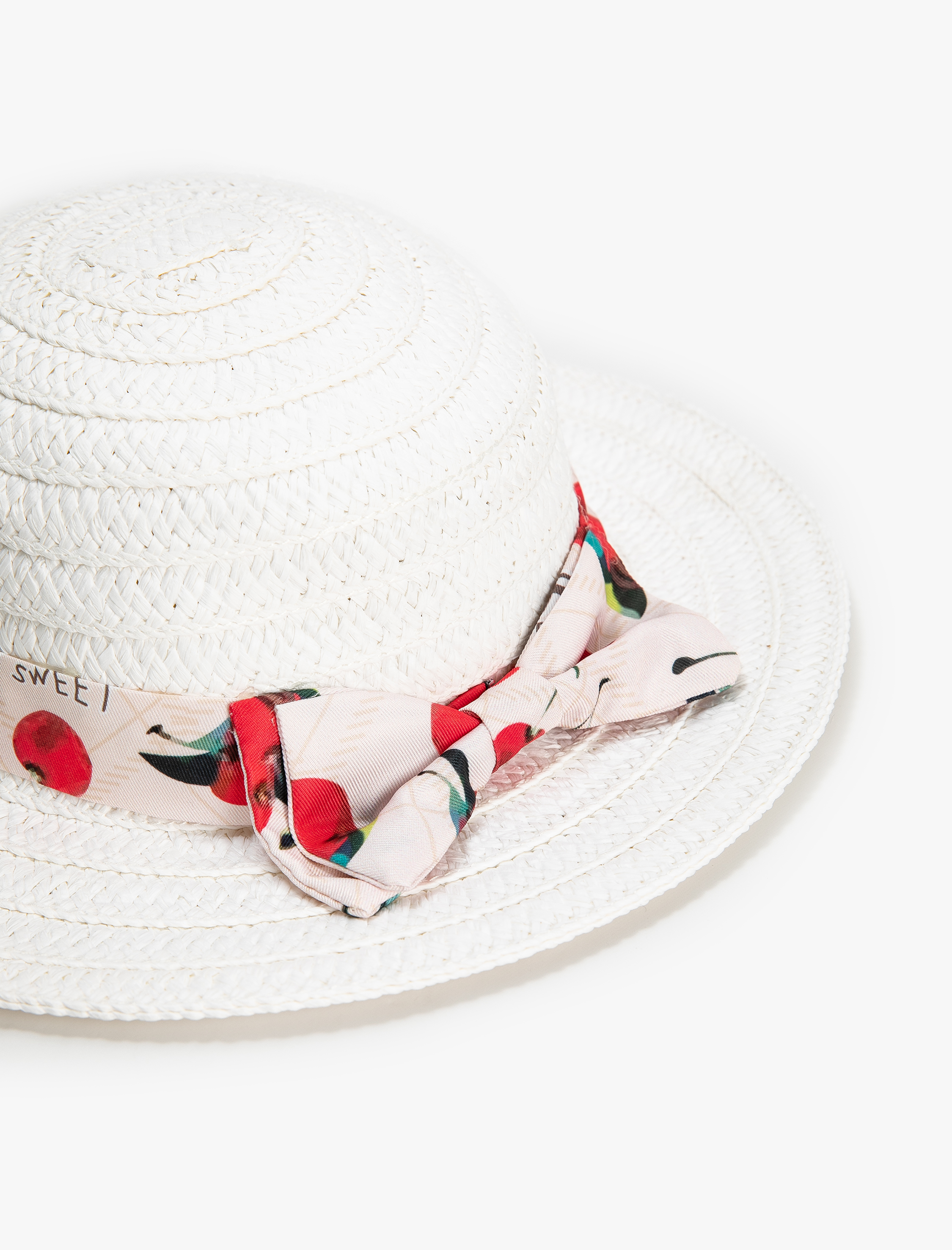  Kız Çocuk Hasır Şapka Kiraz Baskılı Bant Detaylı