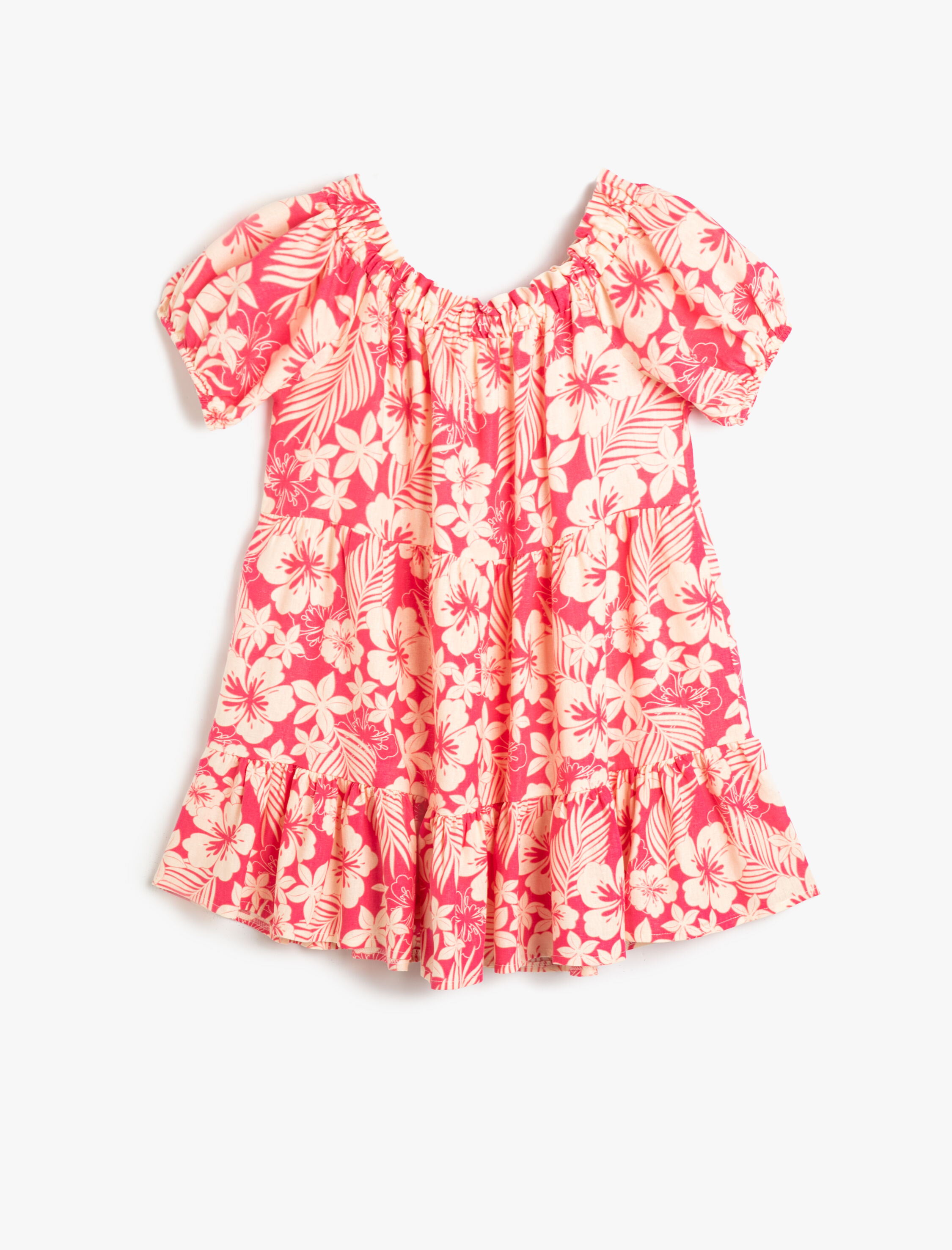  Kız Çocuk Keten Elbise Çiçekli Balon Kollu Katlı