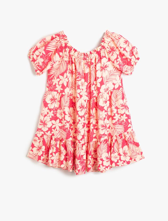 Kız Çocuk Keten Elbise Çiçekli Balon Kollu Katlı