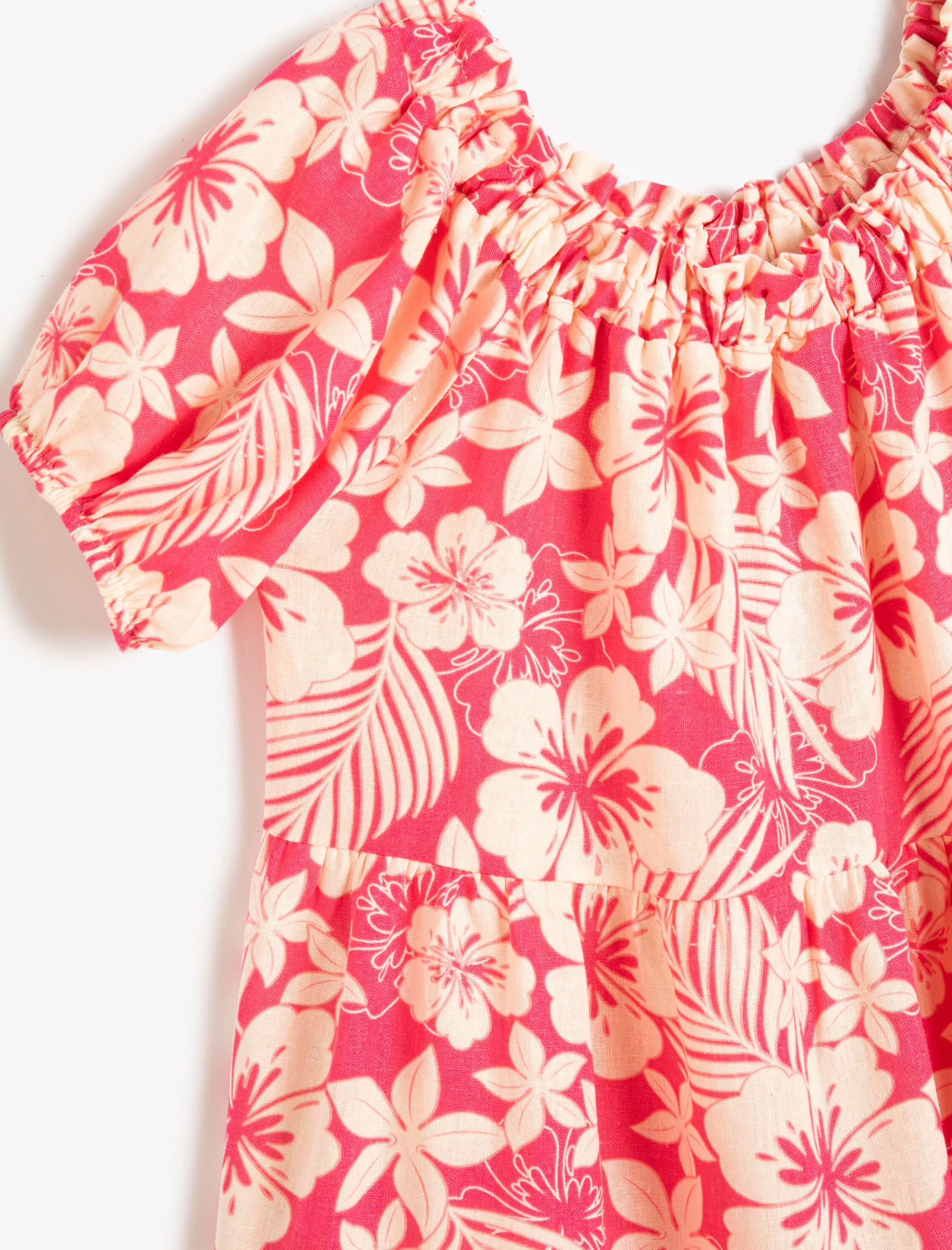  Kız Çocuk Keten Elbise Çiçekli Balon Kollu Katlı