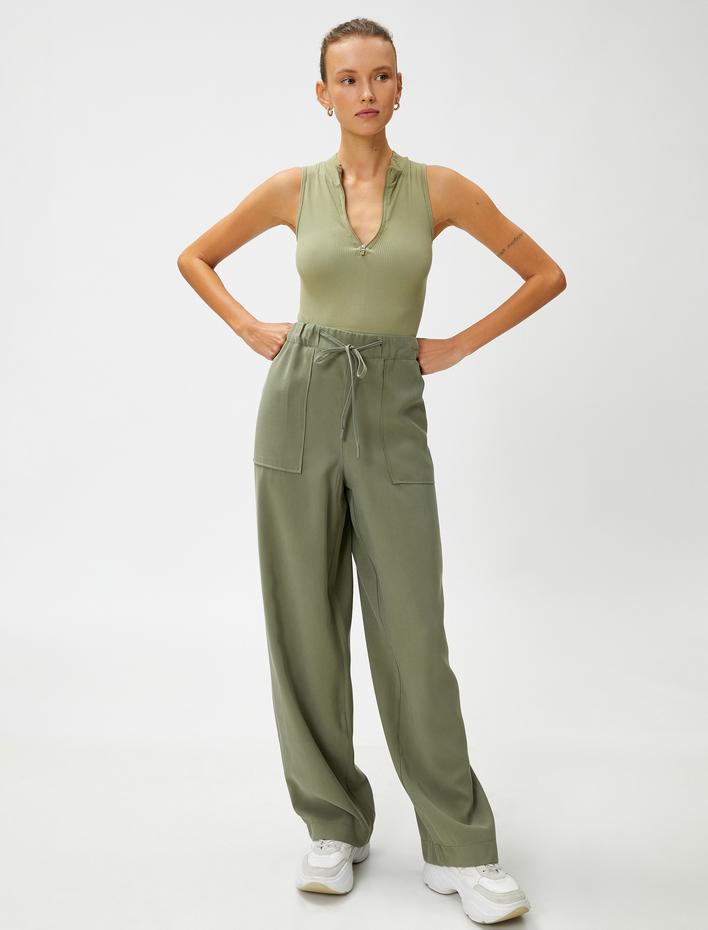  İpeksi Dokulu Rahat Pantolon Beli Bağlamalı Cepli