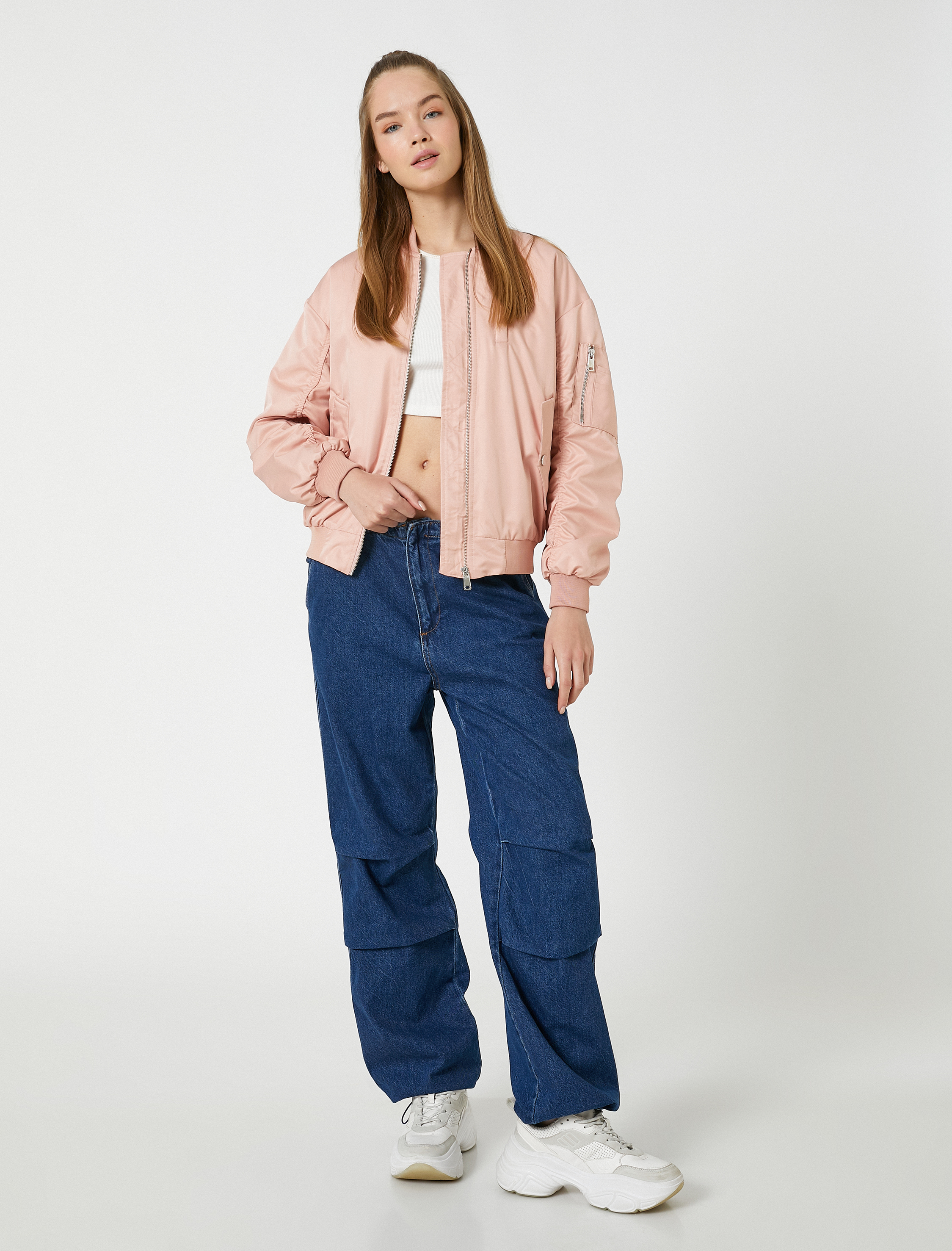 Bomber Ceket Fermuarlı Kolları Büzgülü Cepli