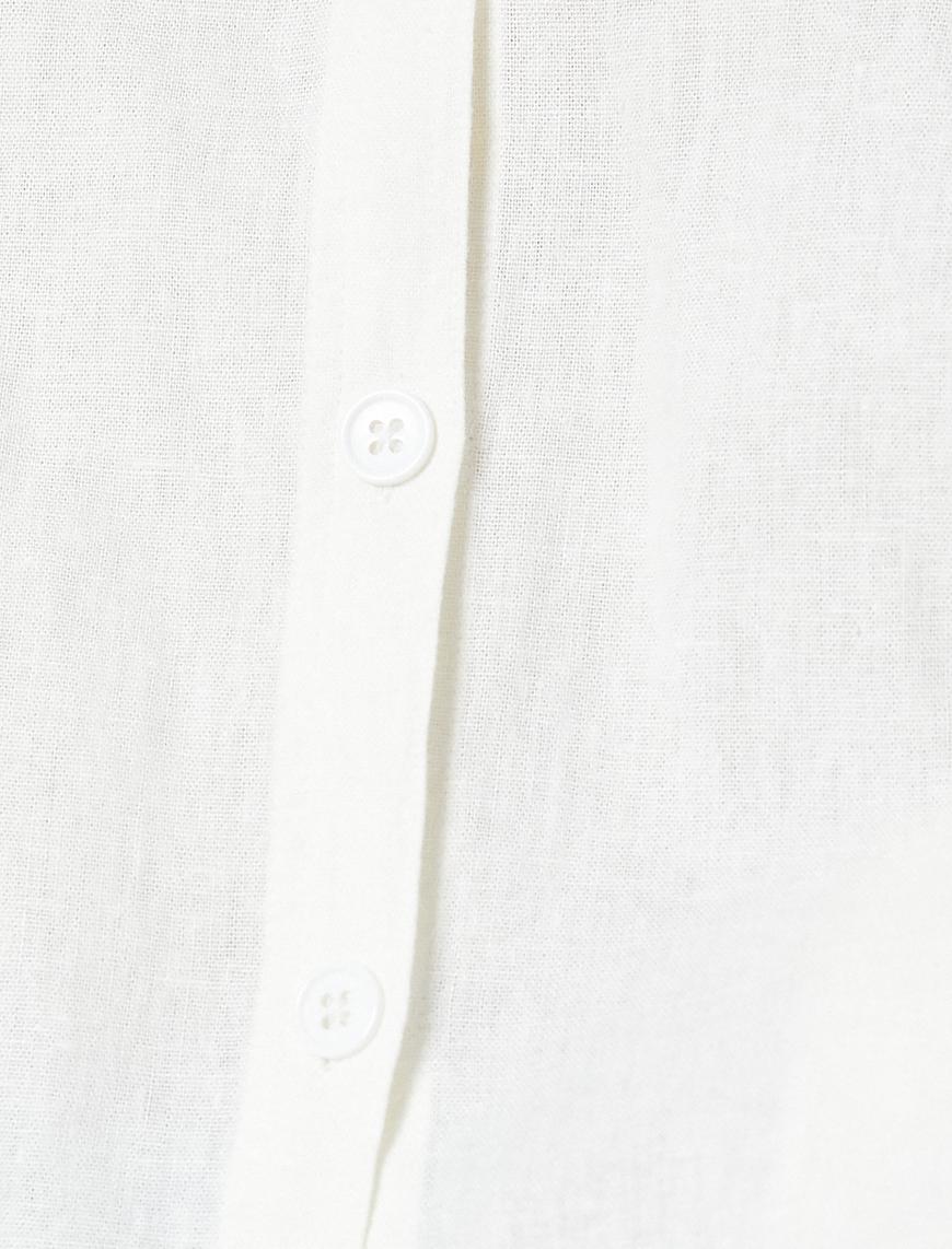   Oversize Gömlek Keten Karışımlı Crop Düğmeli Uzun Kollu