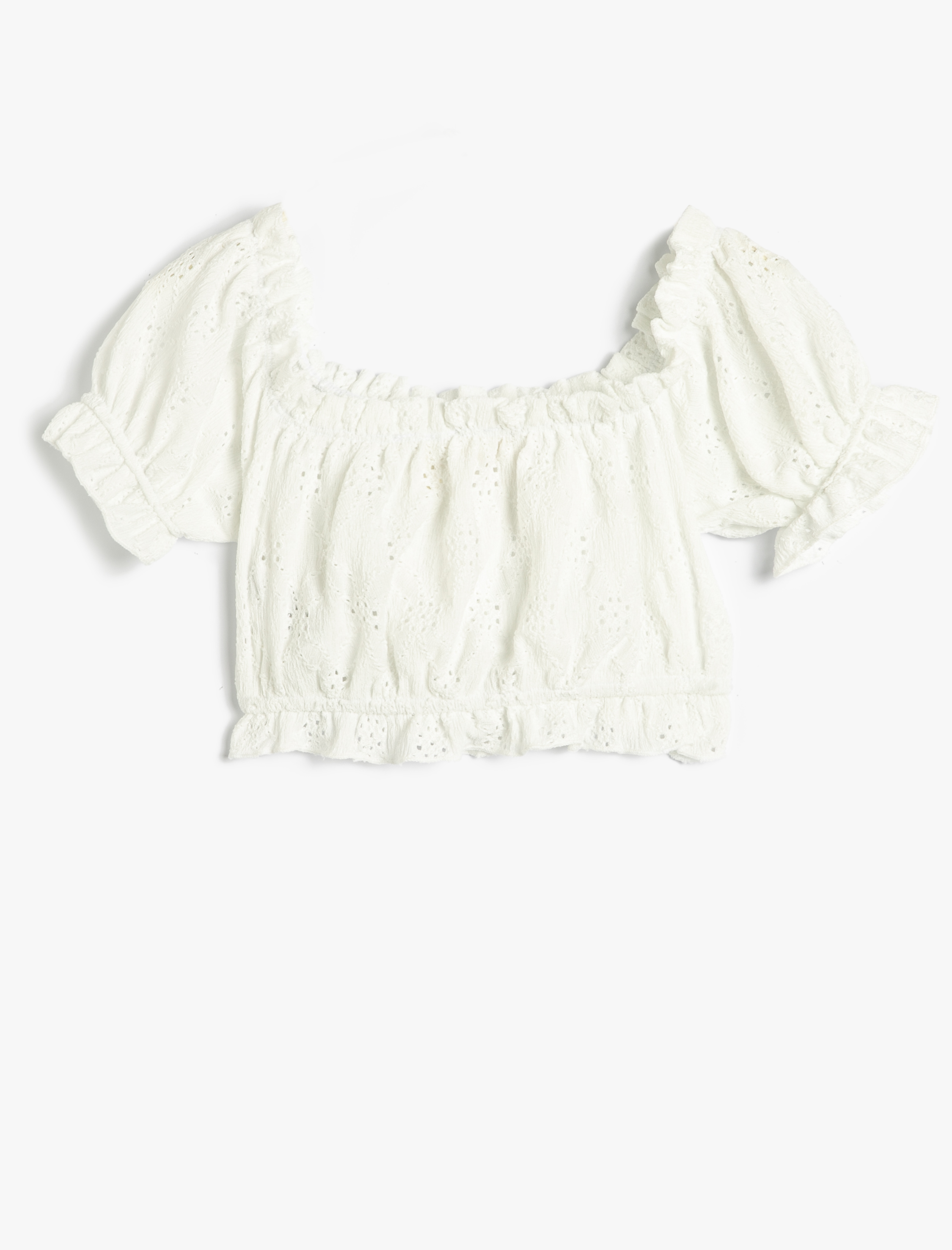  Kız Çocuk Crop Bluz U Yaka Fırfırlı Fistolu Balon Kısa Kollu