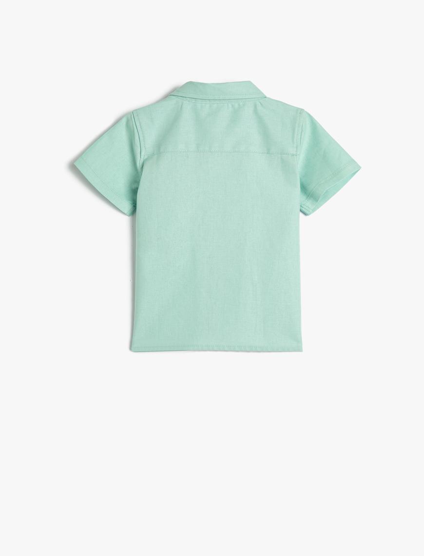  Erkek Bebek Keten Karışımlı Gömlek Kısa Kollu Cepli İşleme Detaylı
