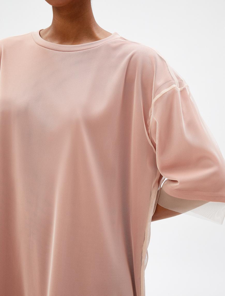   Oversize Tişört Uzun Transparan Tül Detaylı Kısa Kollu