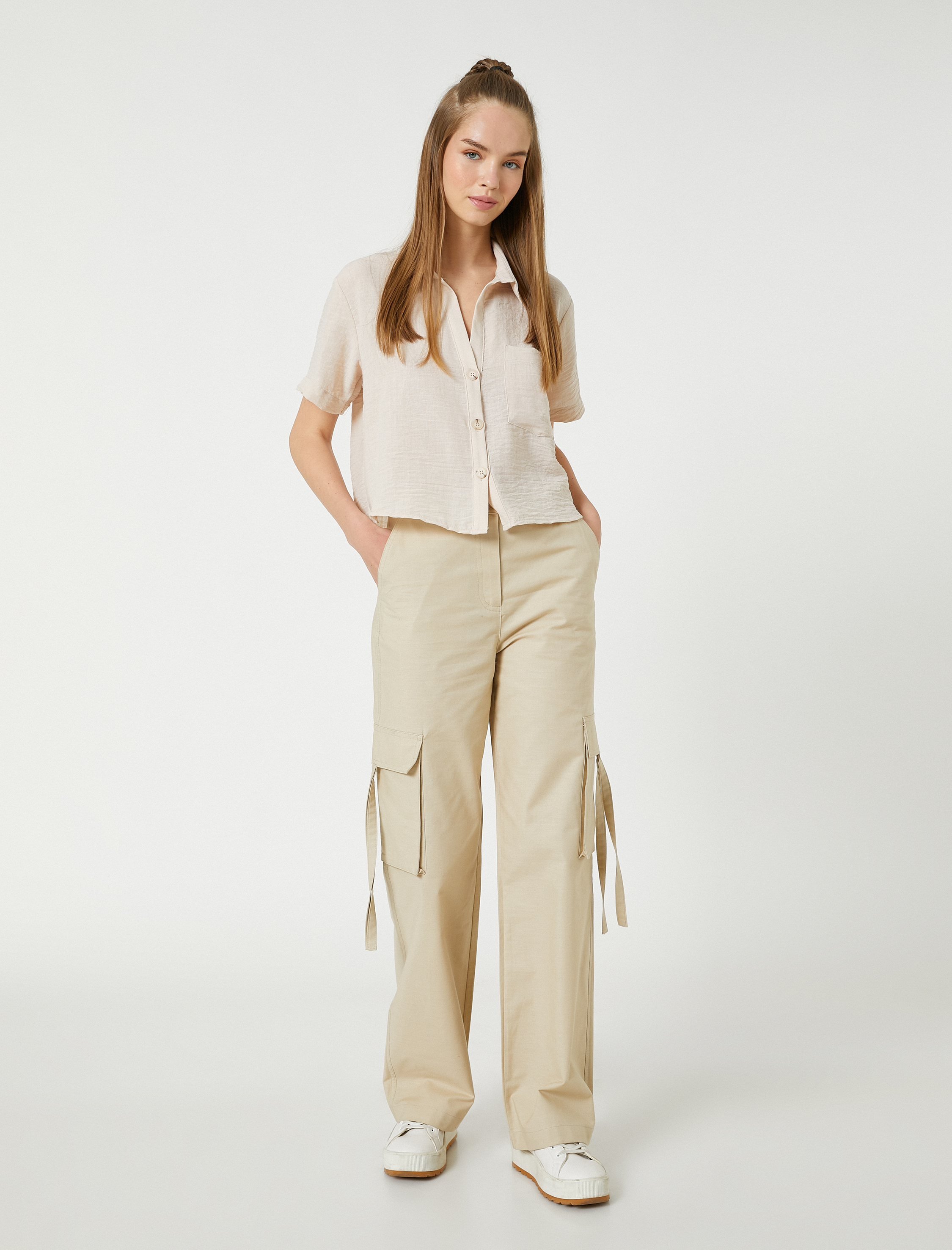   Crop Gömlek Kısa Kollu Cep Detaylı Düğmeli